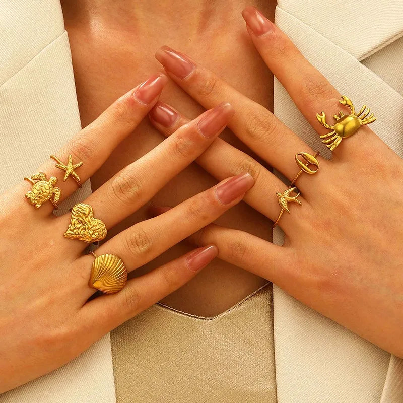 Wholesale Stainless Steel Metal Crab Rings Heart Starfishsea Turtles Open Adjustable Rings Women Jewelry Accessories