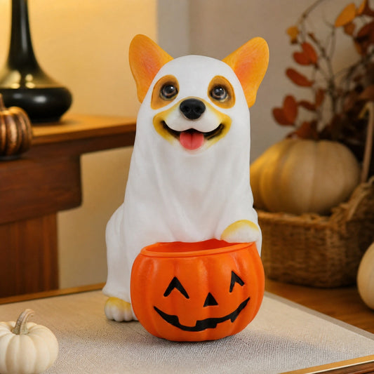 Halloween Ghost Corgi Candy Bowl - 9.84x6.30in Resin Puppy Statue with Pumpkin Candy Jar for Trick-or-Treat Storage, Ideal for Tabletop and Kitchen Counter Halloween Décor