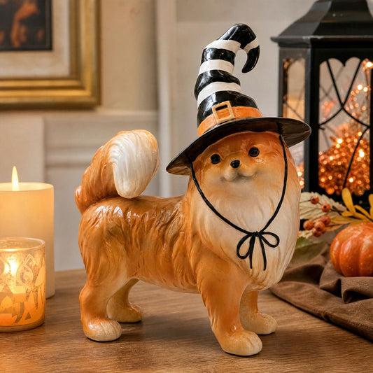 Pomeranian Figurine with Striped Witch Hat - Charming Halloween Dog Decor for Mantel, Shelf, and Tabletop - Resin Fall Home Accent Gift