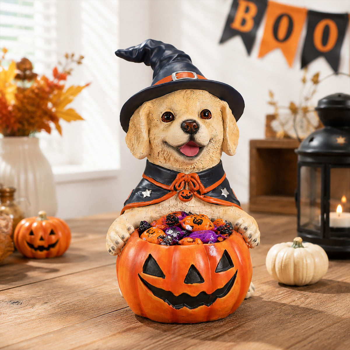 Labrador Retriever Halloween Witch Figurine with Pumpkin Candy Bowl - Dog Decor