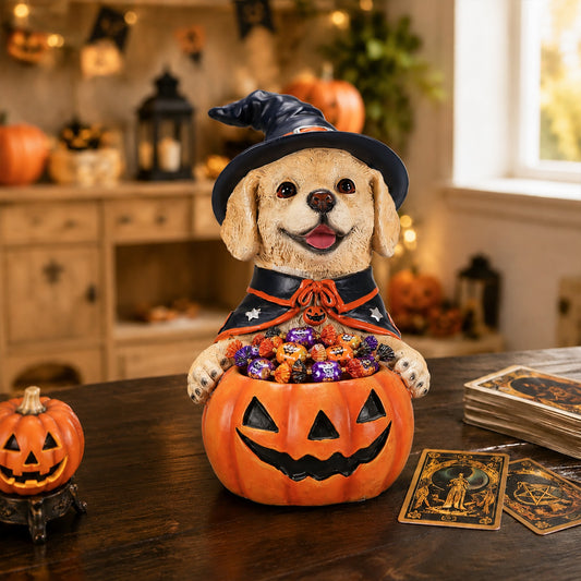Labrador Retriever Halloween Witch Figurine with Pumpkin Candy Bowl - Dog Decor