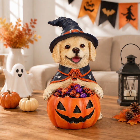Labrador Retriever Halloween Witch Figurine with Pumpkin Candy Bowl - Dog Decor