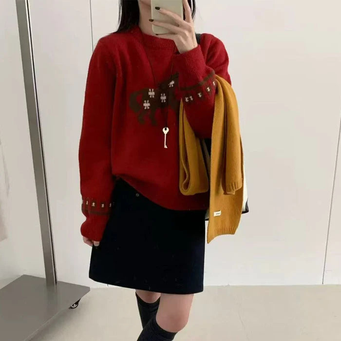 2026 Spring New Arrival Crew Neck Long Sleeve Custom Fit Horse Print Elegant Women Sweater