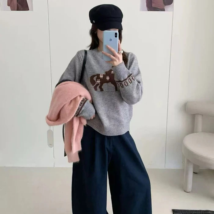 2026 Spring New Arrival Crew Neck Long Sleeve Custom Fit Horse Print Elegant Women Sweater