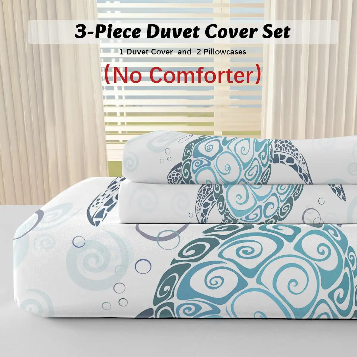 Sea Turtle Themed Aqua Teal Blue Beach Ocean 3-Piece Duvet Cover Set with Comforter and 2 Pillows Made in China