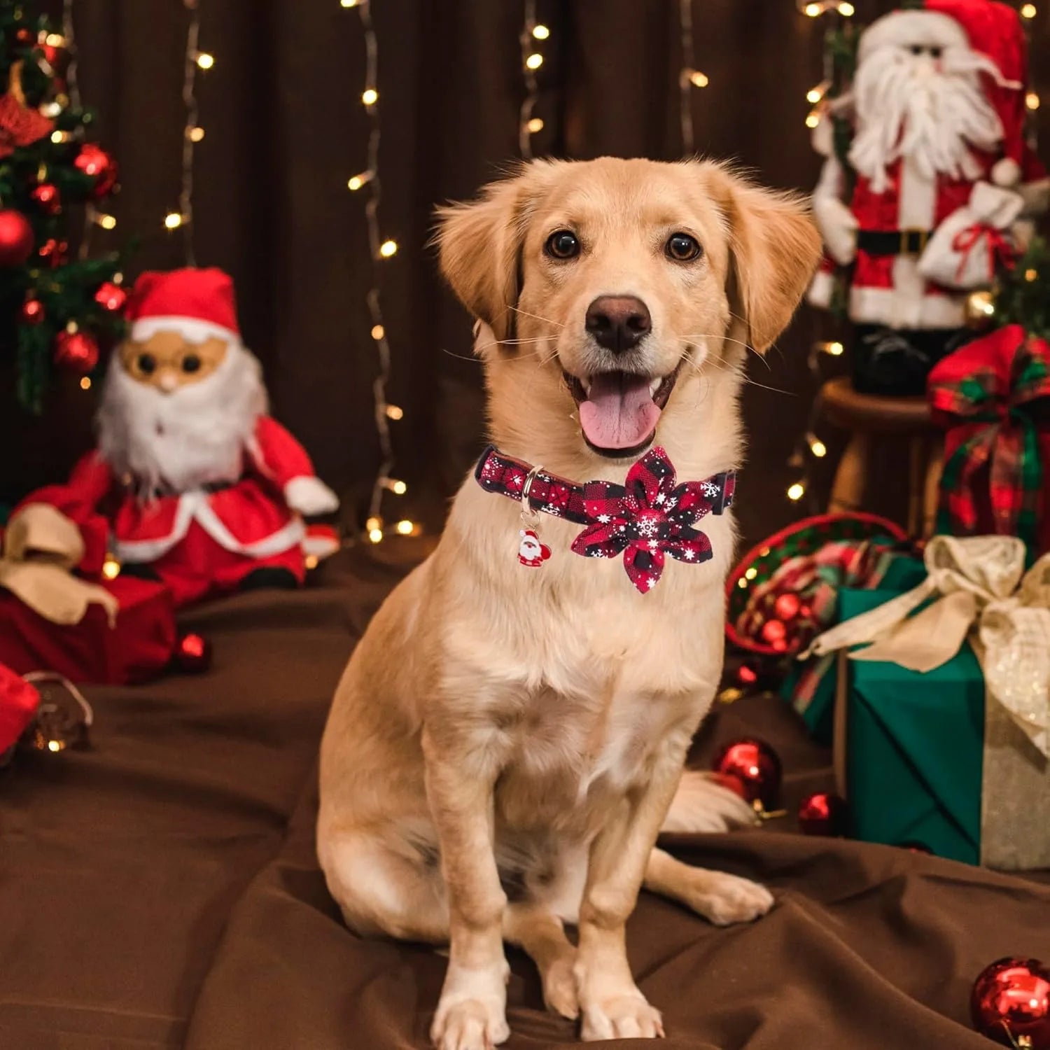 Christmas Dog Collar with Bow Tie, Classic Plaid Red Green Dog Collars with Removable Bowtie Christmas Collars for Large Dogs