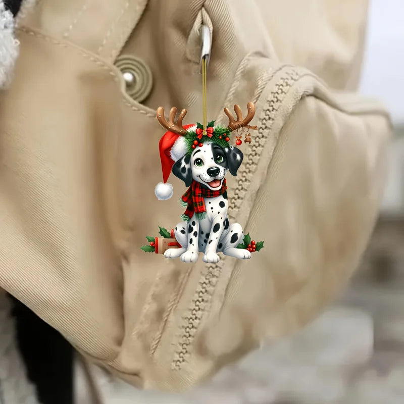2D Christmas Dalmatian Dog Pendant Xmas Spotted Dog Flat Acrylic Keychain Charm,for Car Mirror,Bags,Festive,Gift & Decor