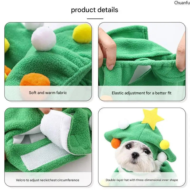 Christmas Pet Costume, Dog Cat Xmas Tree Outfit, Adjustable Warm Puppy Kitten Clothes, Hooded Pet Suit, Funny Festive Pet Dress
