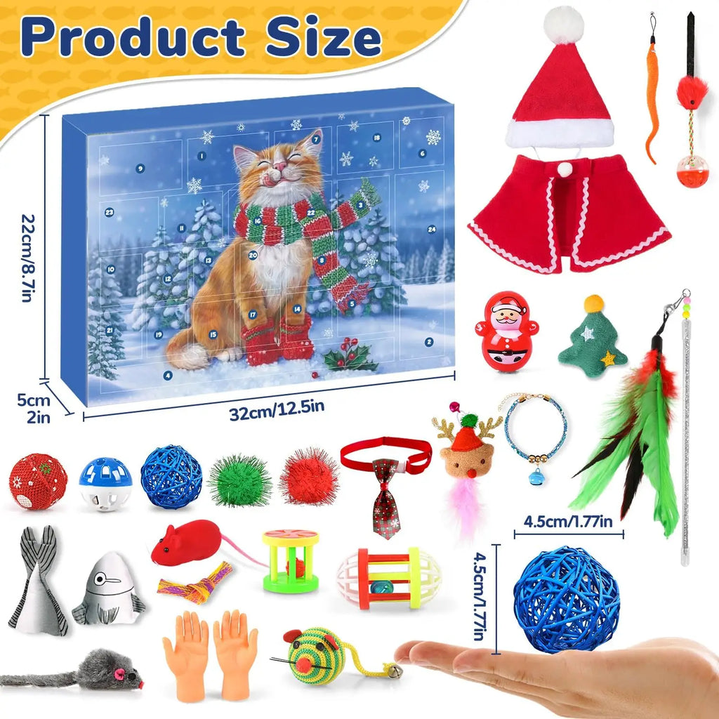Cat Advent Calendar 2025 Christmas Interactive Toys for Indoor Christmas Gifts Fake Mouse Bell Balls for Cat Lover Gifts