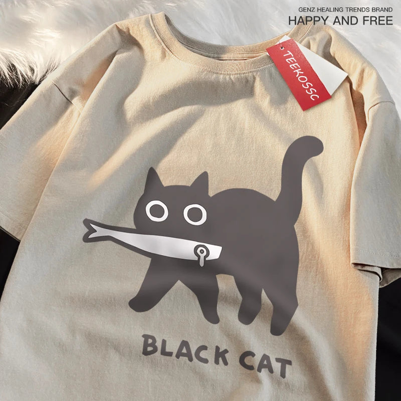Fun A Black Cat Eating Fish Japanese Style T-Shirt