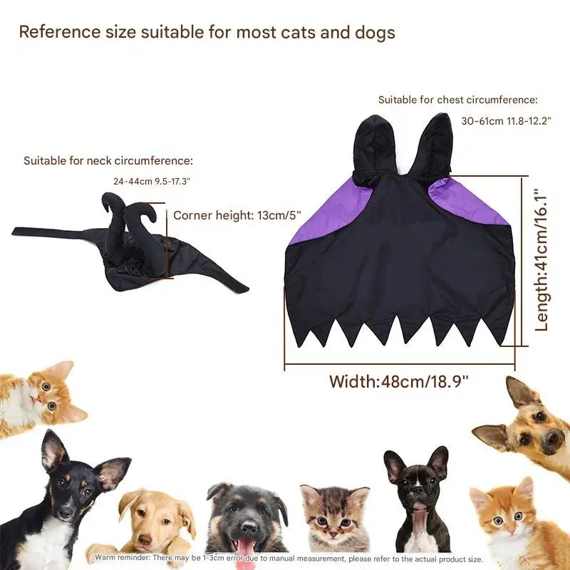 Halloween Pet Costume Hooded Cloak for Dogs Cats, Maleficent Adjustable Velvet Cape