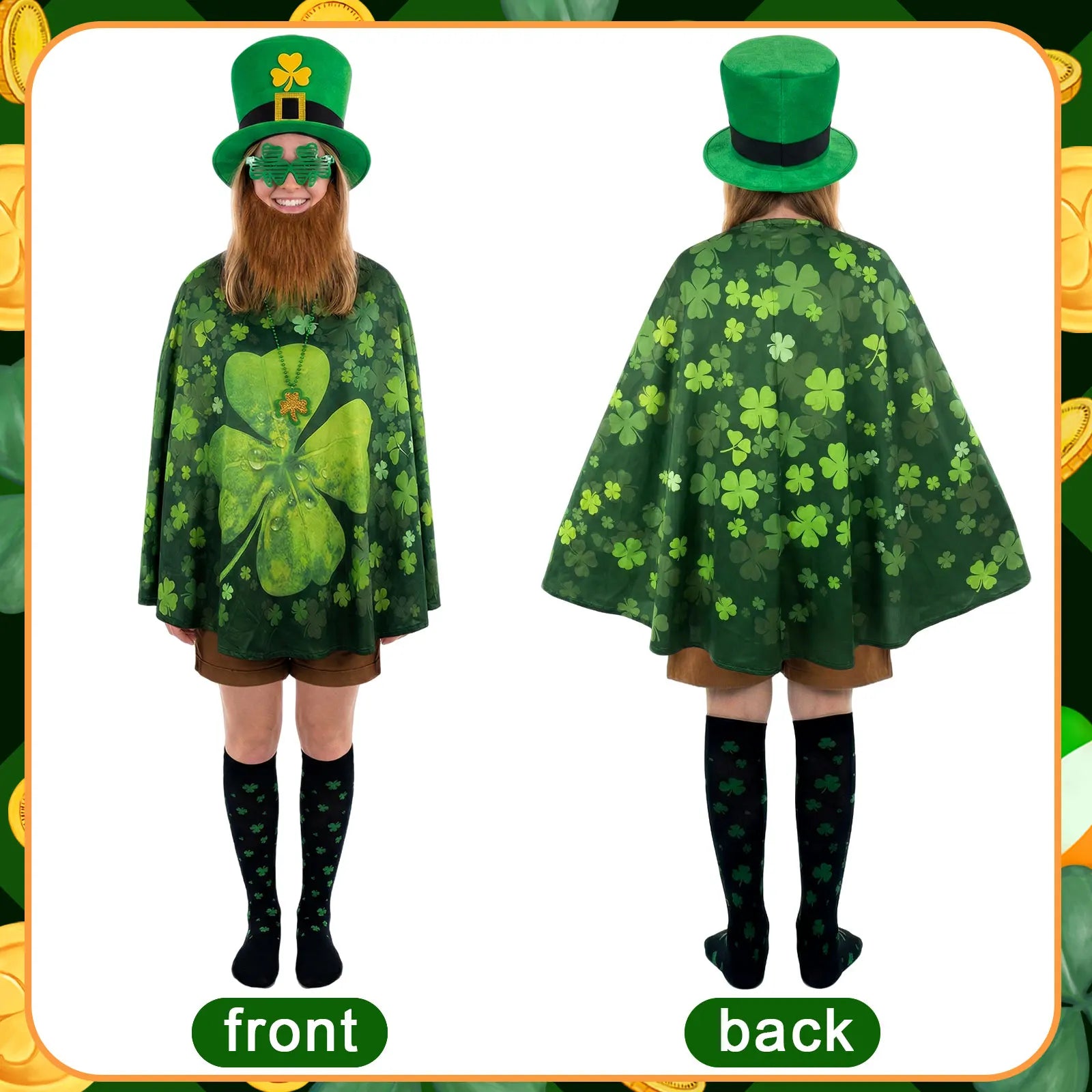 St Patrick's Day Costume Set 5 Pieces with glasses cloak Socks necklaces Shamrock Hat Irish Faux Mustache Sets Home Party Decor