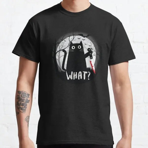 Cat What Murderous Black Cat With Knife T-Shirts for Men Kitten Lovers Cotton Big Tall Tees Short Sleeve T Shirt Big Size 6XL