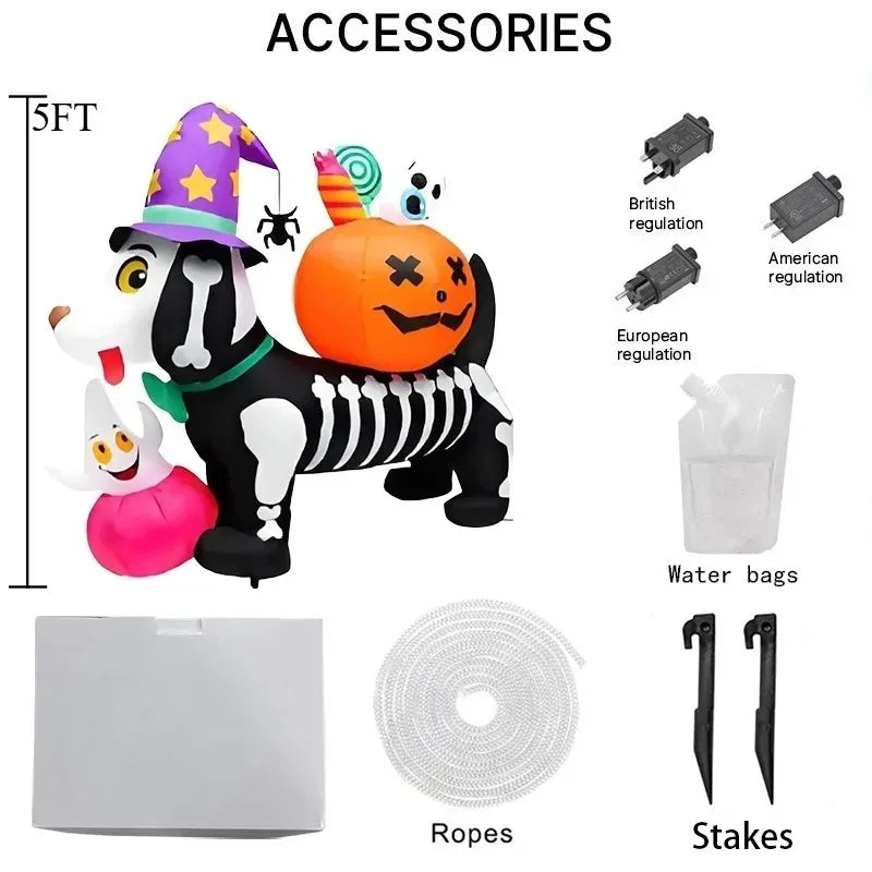 5FT Halloween Inflatable Toys Skeleton Dog with Pumpkin Decorations LED Light Up Blow Up Lawn Blow Up Model Outside Garden Decor