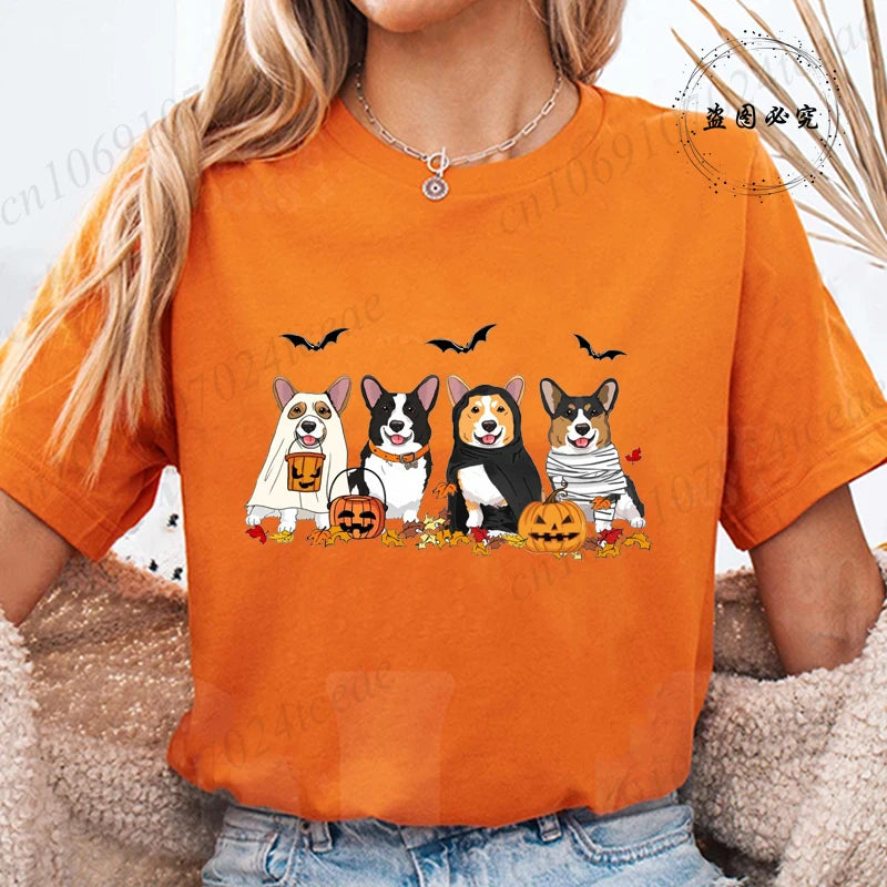 Halloween Dog Fashion T Shirt Tops Women Harajuku Graphic Tees Shirt Femme Corgi Dogs Halloween Women's T-shirt Clothes Tops