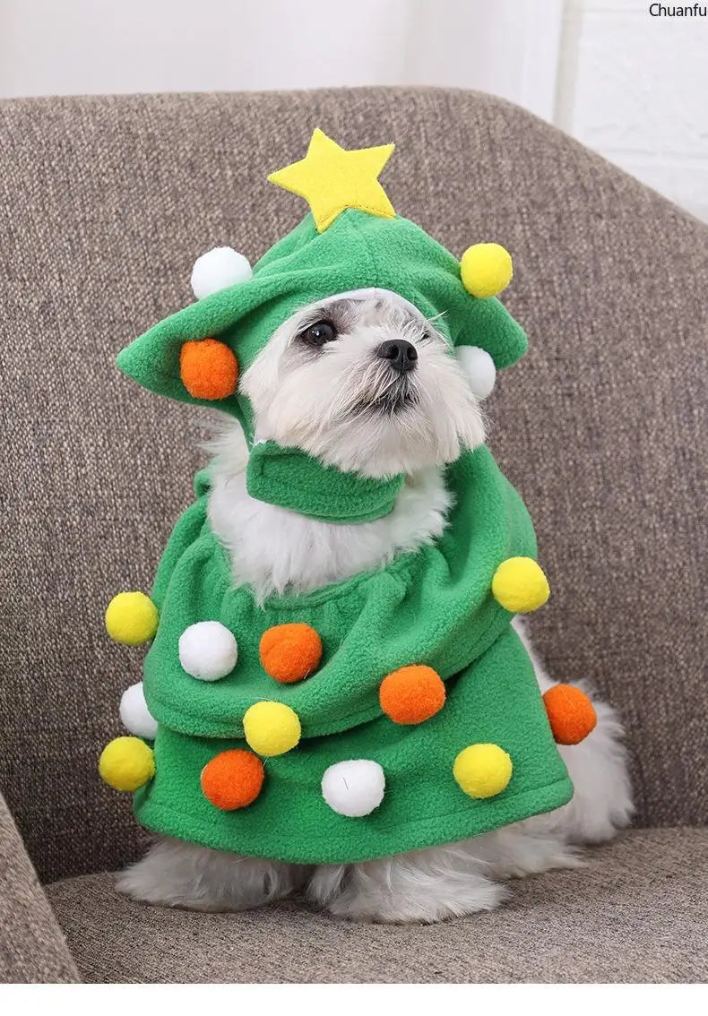 Christmas Pet Costume, Dog Cat Xmas Tree Outfit, Adjustable Warm Puppy Kitten Clothes, Hooded Pet Suit, Funny Festive Pet Dress
