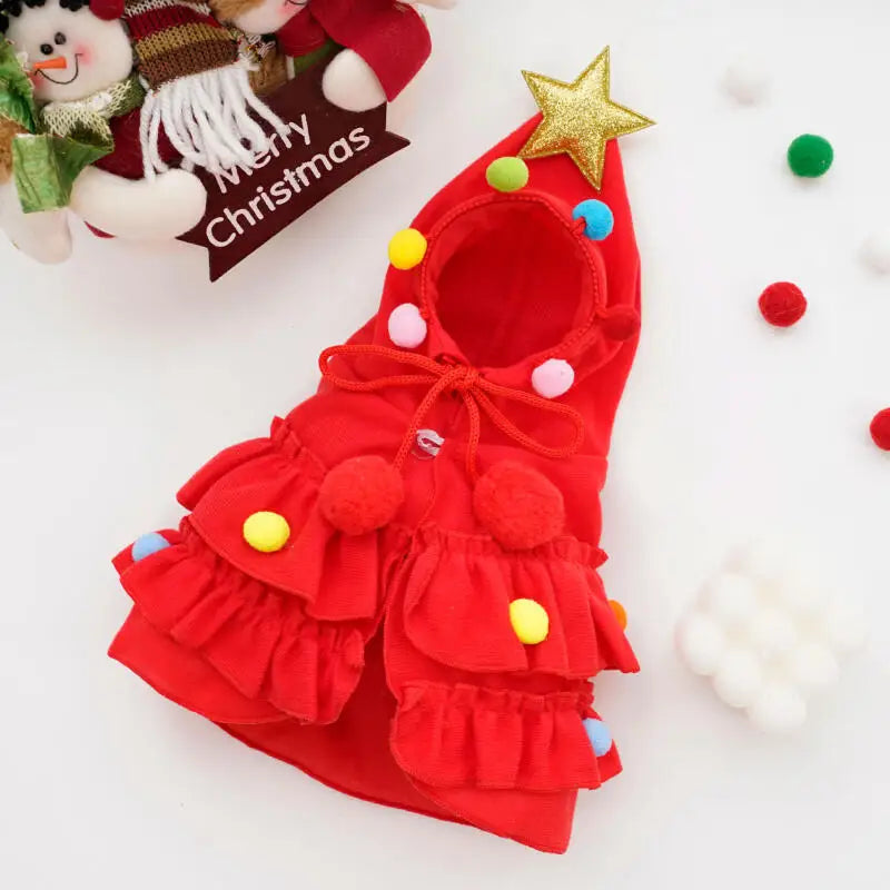 2025 Christmas Cat Dog Winter Warm Cloak Christmas Tree Shape Red Green Party Outfit For Puppy Kitten Transformation Apparel