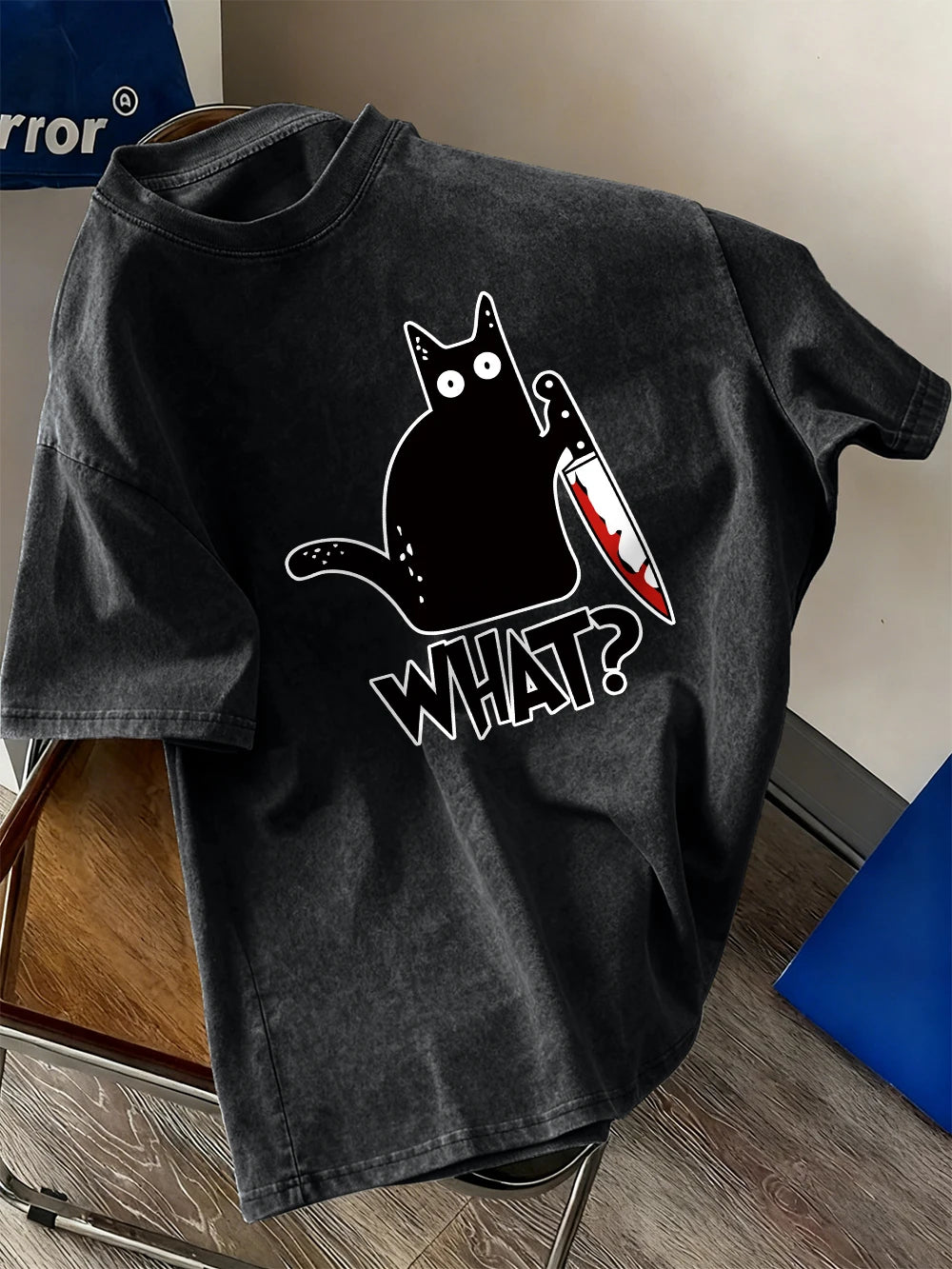 Black Cat Holding A Knife Prints Washed T-Shirt