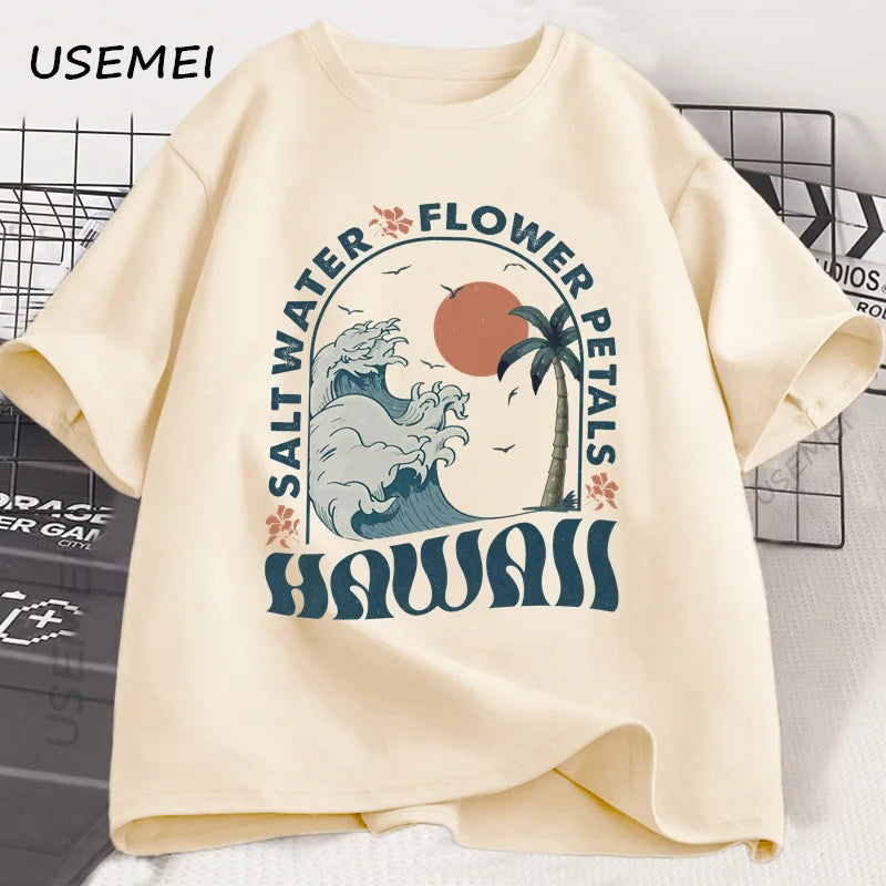 Hawaii Beach T-Shirt Ocean Beach T Shirt Men Women Summer Vibes Vacation Graphic T Shirts Cotton Short Sleeve Mens Clothing