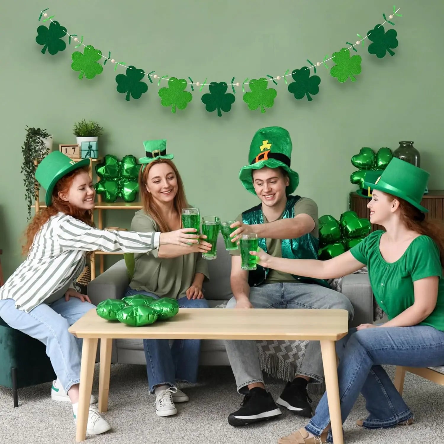 St.Patrick's Day Shamrock Garland, Green Shamrock Banner, Rustic Farmhouse Decor for Indoor Fireplace Mantle Hanging Decorations