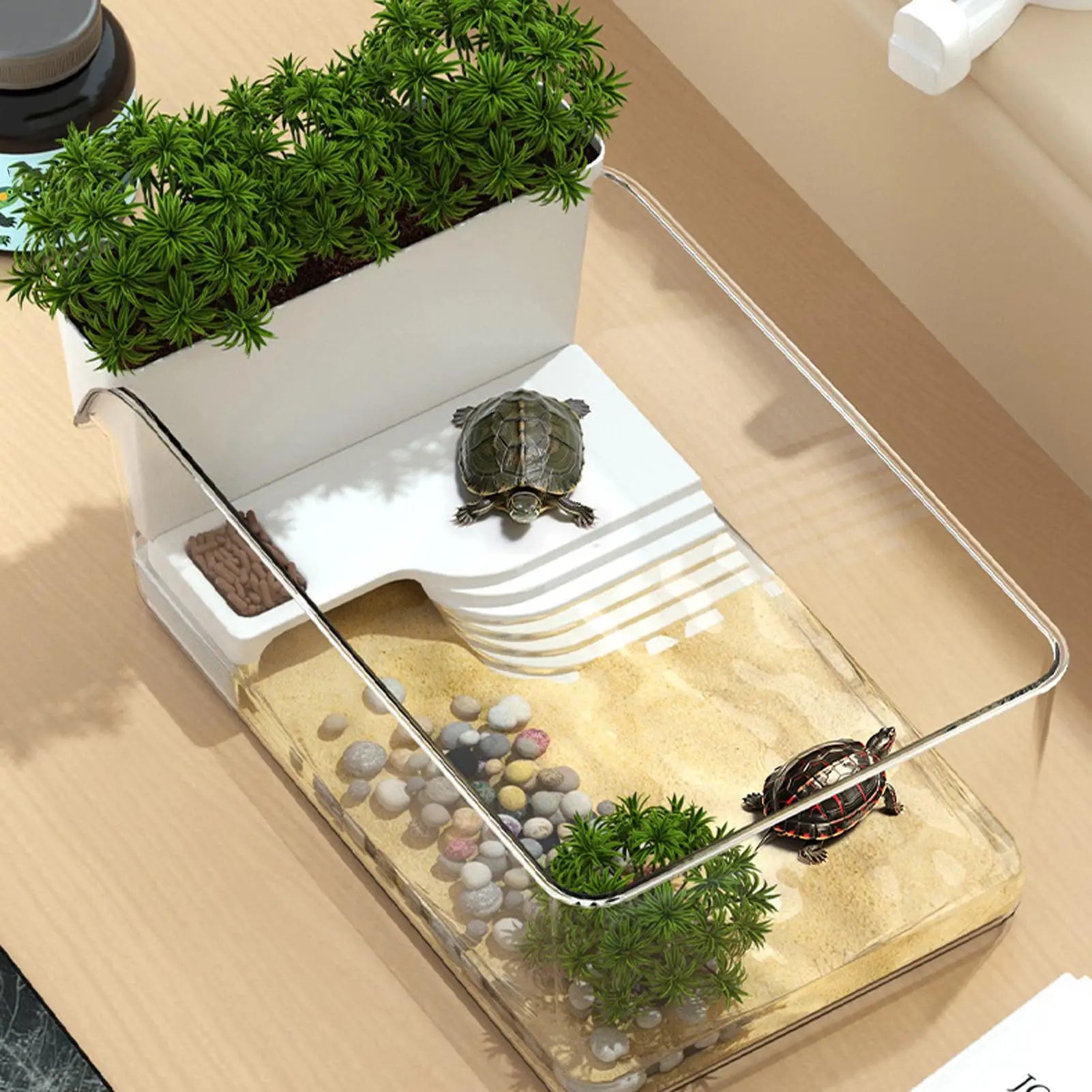 Turtle Tank with Basking Area, Transparent Reptile Terrarium Habitat for Pet Turtles, Hermit Crabs, Tortoise Adoption