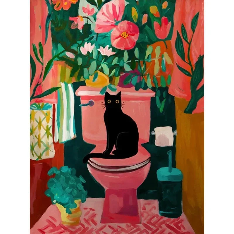 Colourful Funny Black Cat in Bathroom Poster