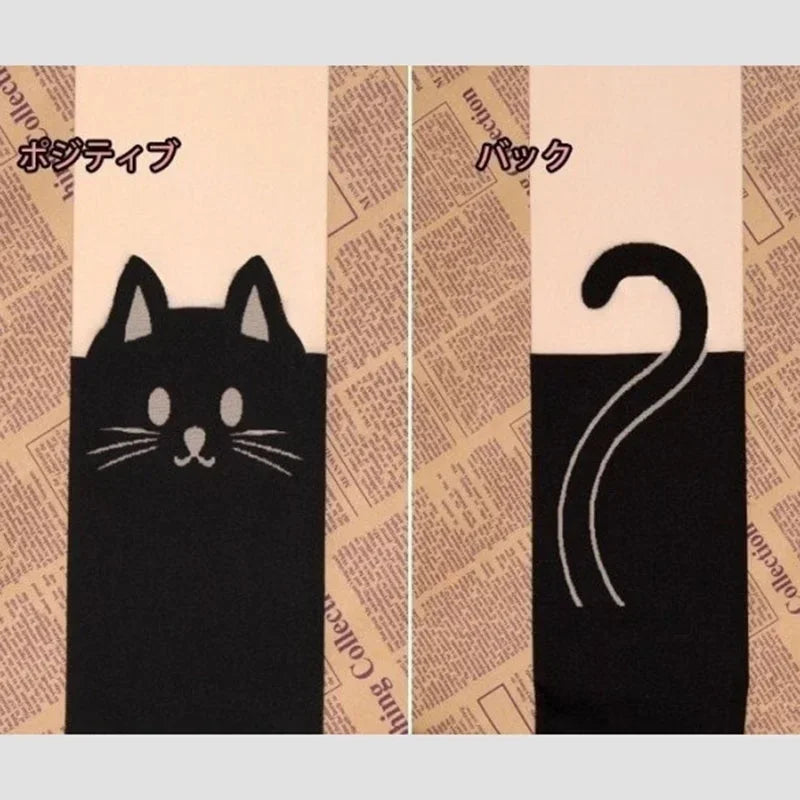 Black Cat Printed Silk Knee Socks