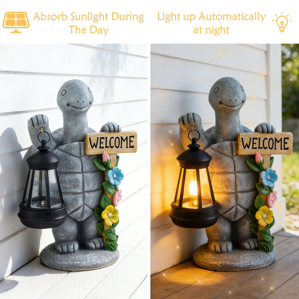 Turtle Welcome Statue with Solar Lantern Garden Ornament Good Luck Outdoor Decorative Lamp
