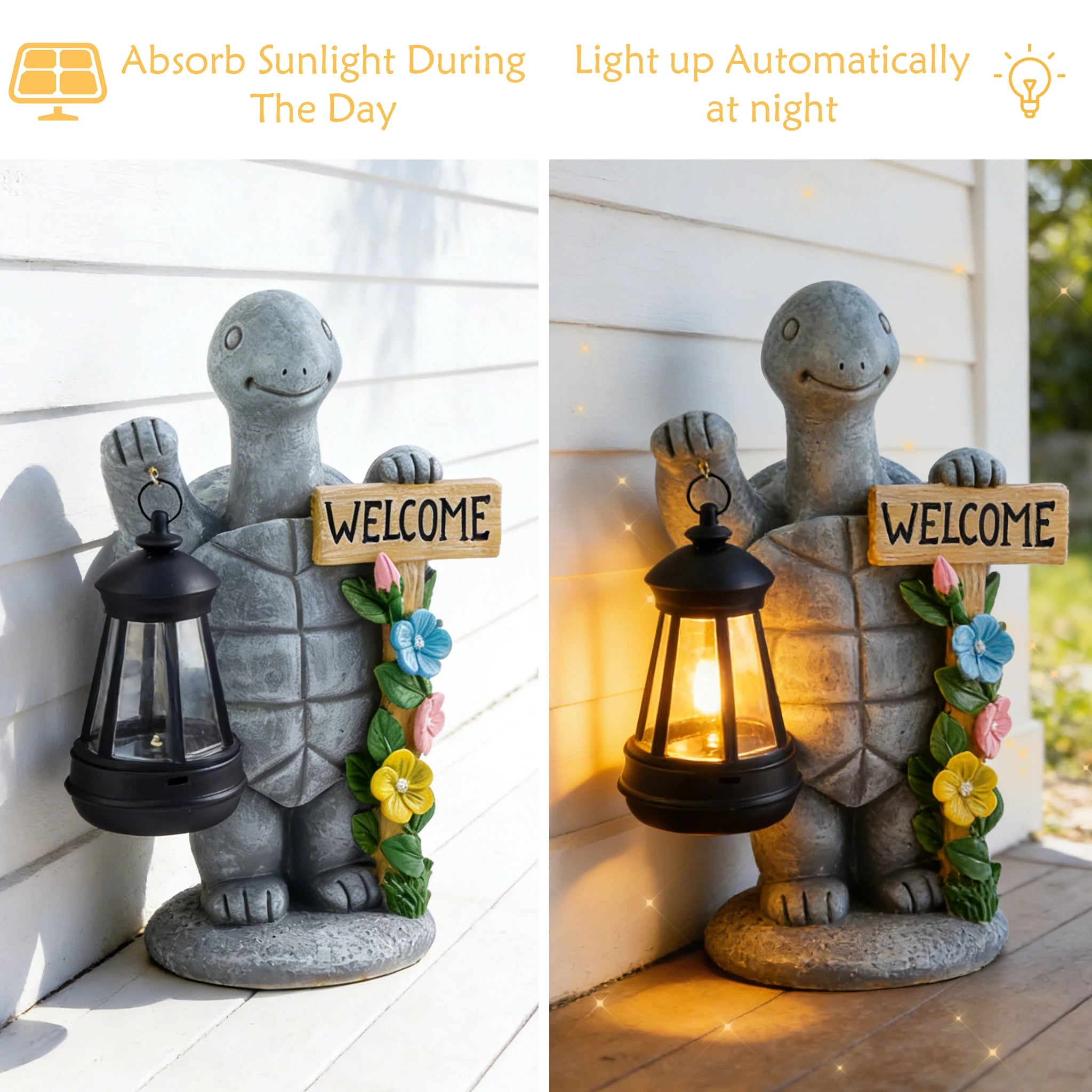 Turtle Welcome Statue with Solar Lantern Garden Ornament Good Luck Outdoor Decorative Lamp