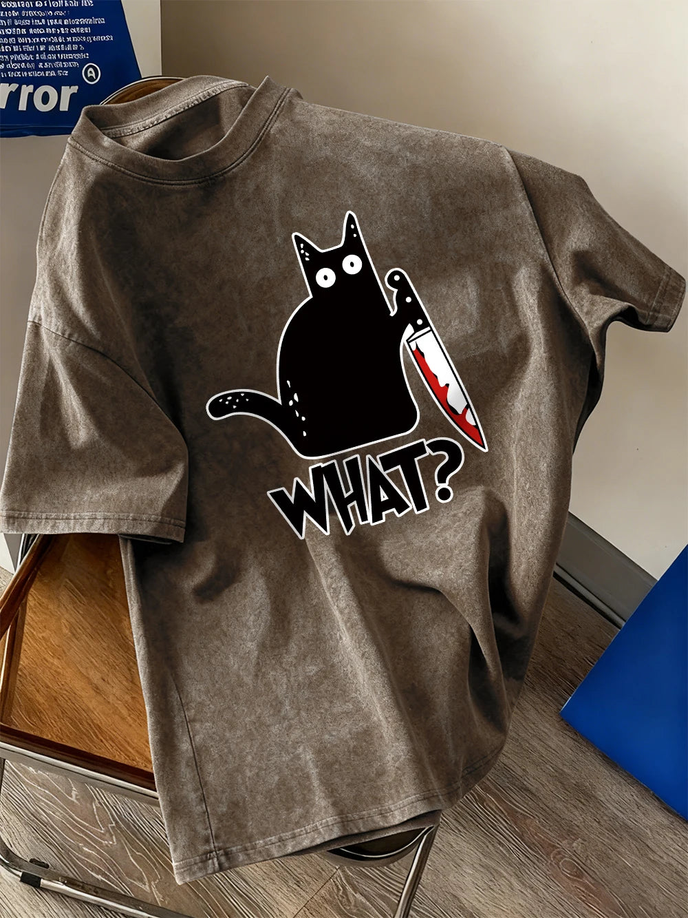 Black Cat Holding A Knife Prints Washed T-Shirt