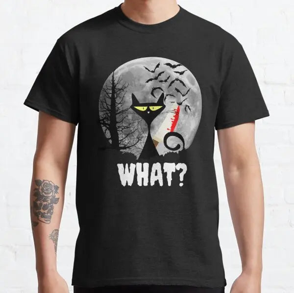 Cat What Murderous Black Cat With Knife T-Shirts for Men Kitten Lovers Cotton Big Tall Tees Short Sleeve T Shirt Big Size 6XL