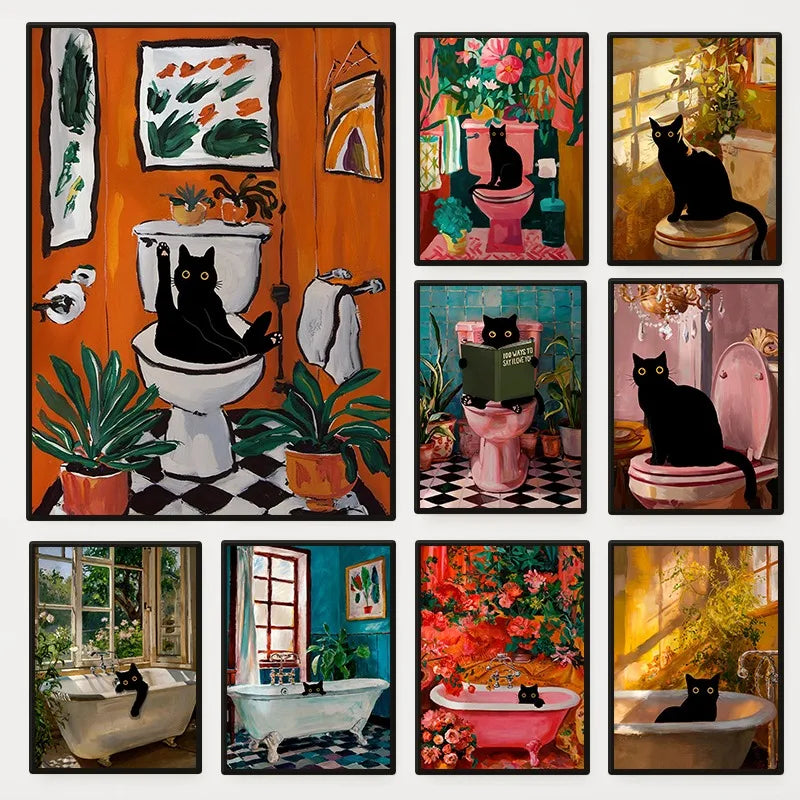 Colourful Funny Black Cat in Bathroom Poster