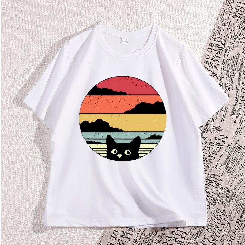 Black Cat Sunset Vintage T Shirt
