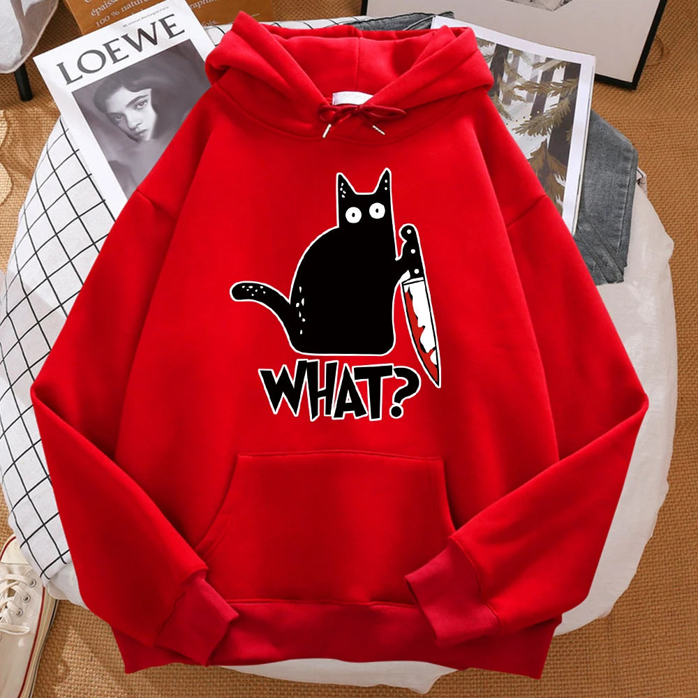 What cute little black cat holding a knife, men's hoodies, street hoodies, autumn sports shirts, hip-hop costumes