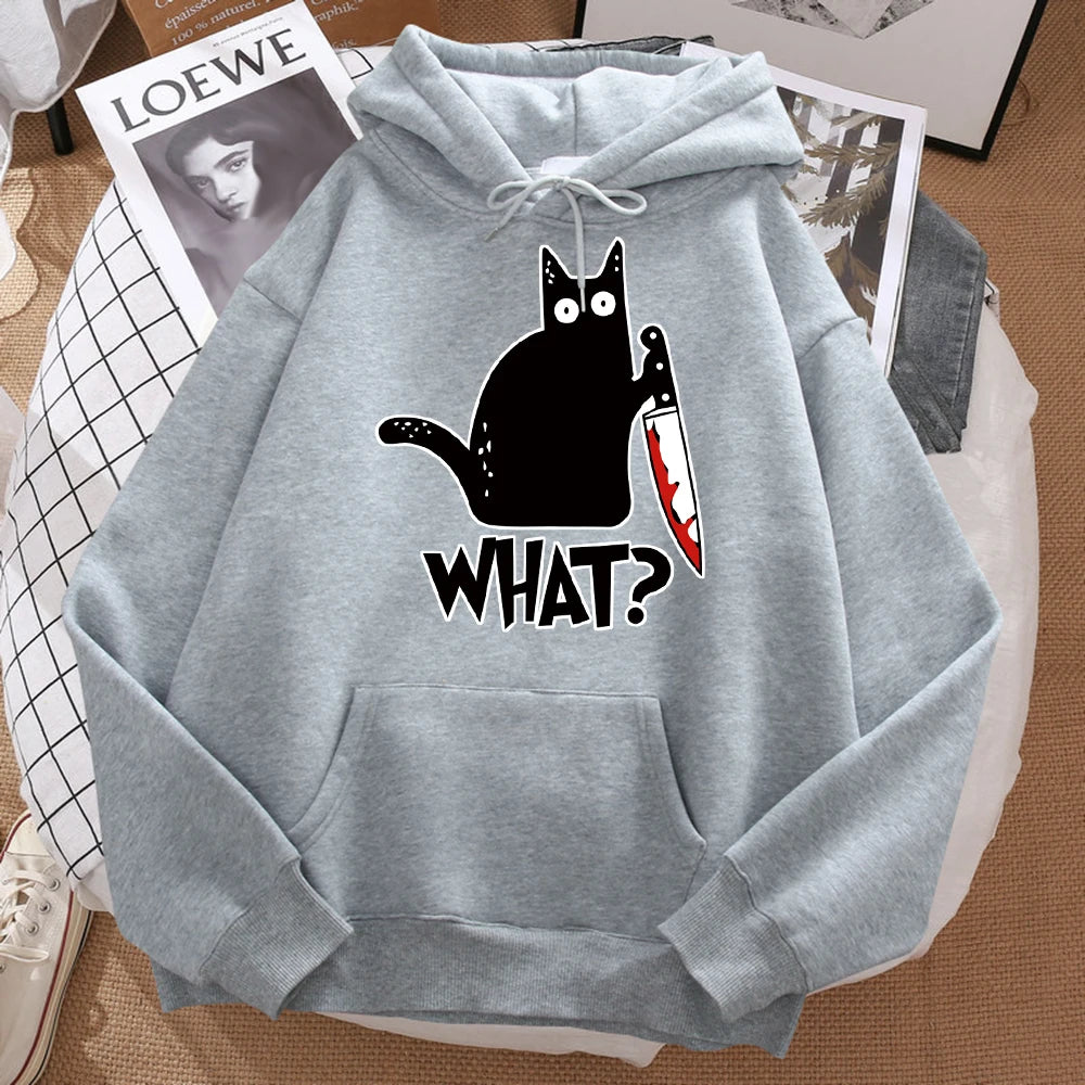 What cute little black cat holding a knife, men's hoodies, street hoodies, autumn sports shirts, hip-hop costumes