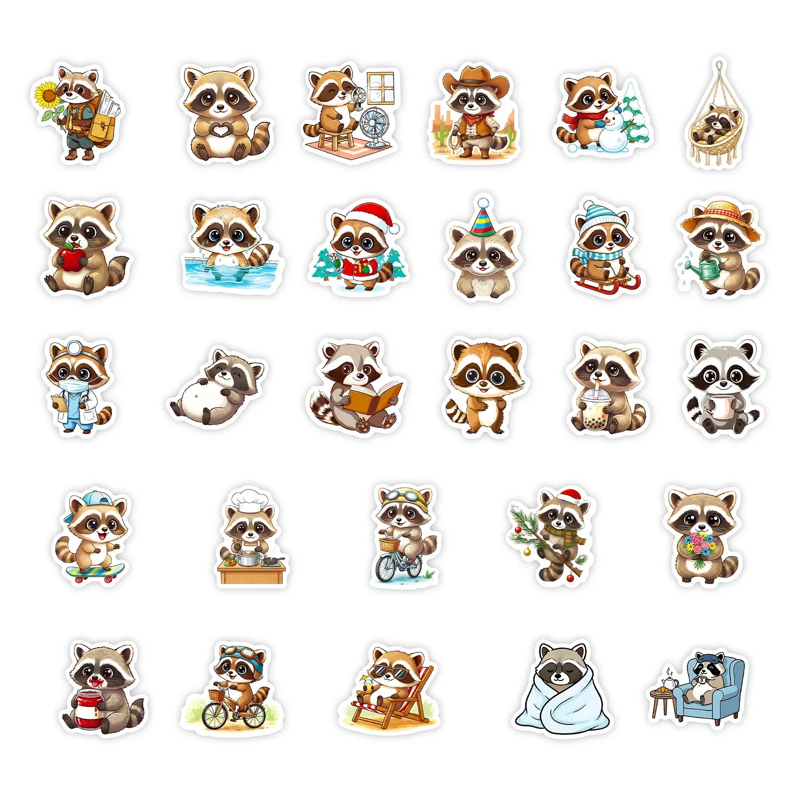56PCS Cute Little Raccoon Graffiti Sticker Cartoon Animal Funny Meme Decal Kids Toy for Water Cup Stationery Box Luggage