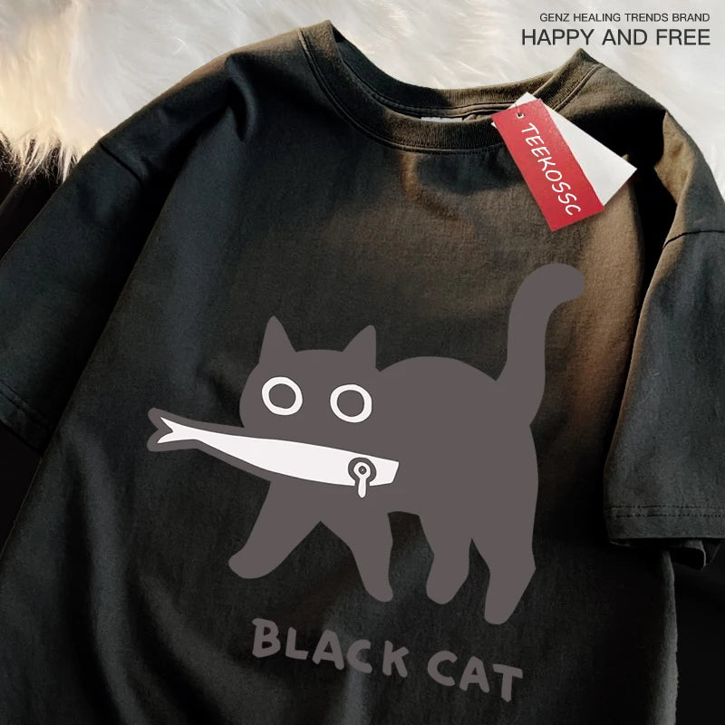Fun A Black Cat Eating Fish Japanese Style T-Shirt