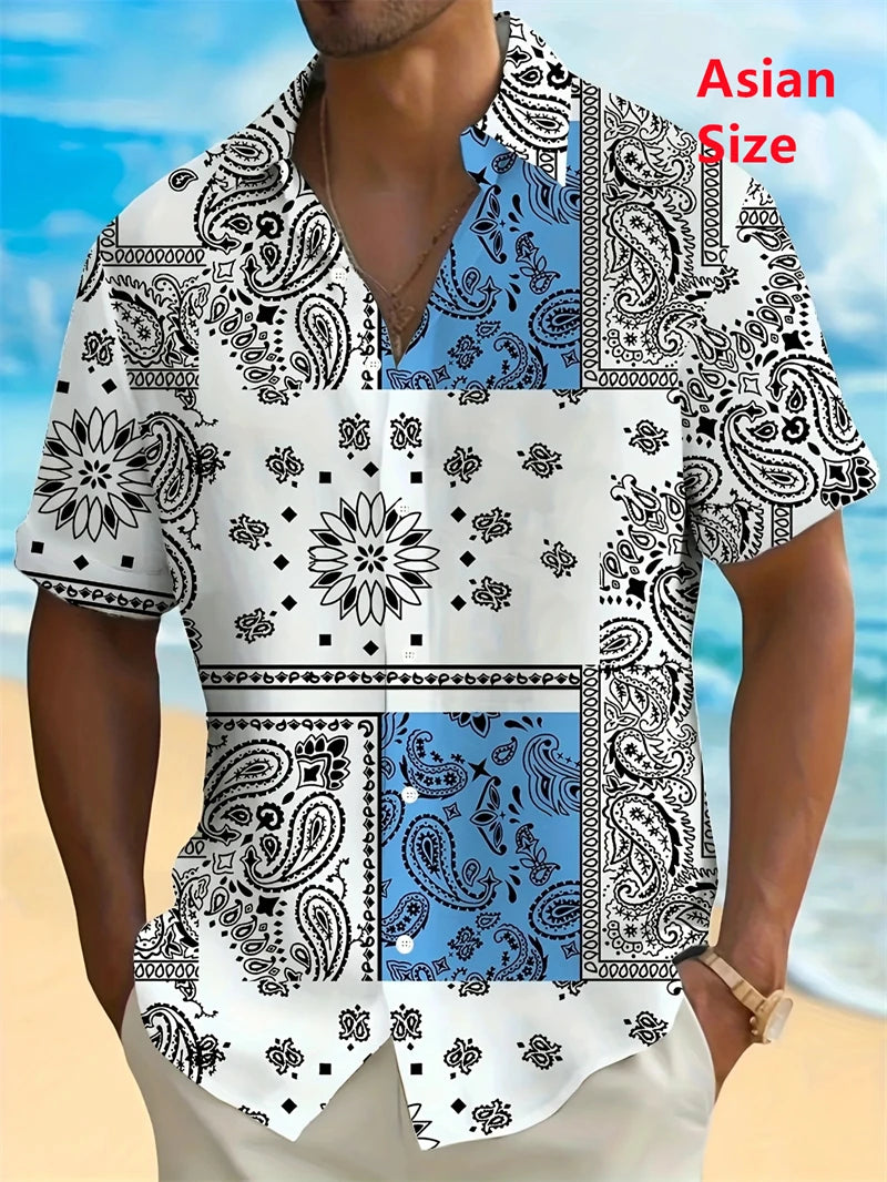Hawaii Shirts For Men 3D Paisley Graphic Short-sleeved T-shirt Casual Lapel Buttons Male Tops Summer Oversized Bohemian Man Tees
