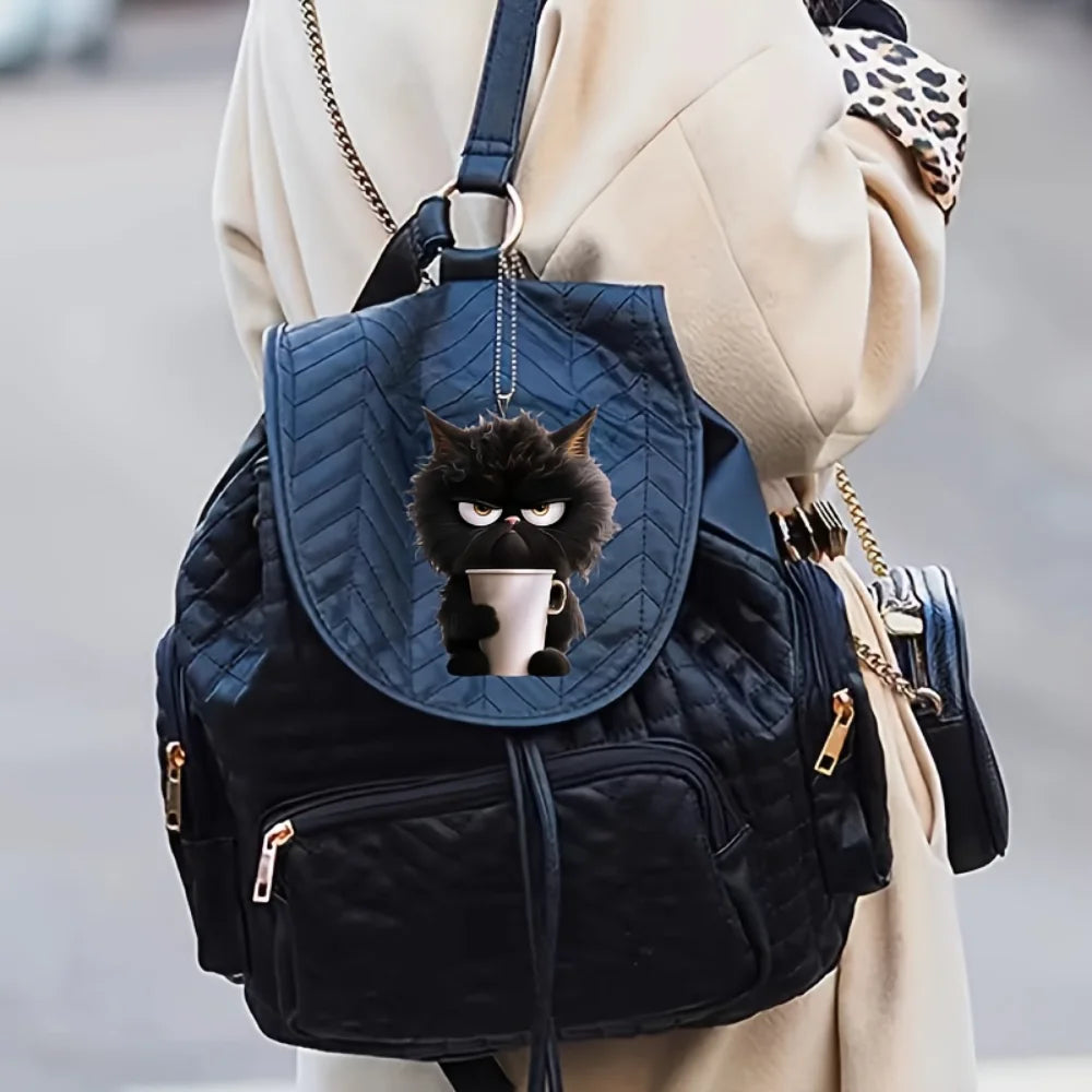 Fun Coffee Black Cat Keychain Versatile Charm,Cute Cartoon Kitten 2D Flat Acrylic Pendant,For Car,Bag,Festive,Party,Gift & Decor