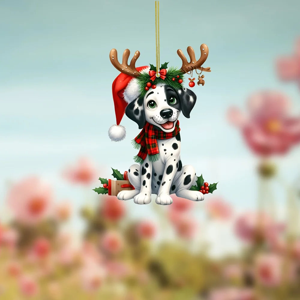 2D Christmas Dalmatian Dog Pendant Xmas Spotted Dog Flat Acrylic Keychain Charm,for Car Mirror,Bags,Festive,Gift & Decor