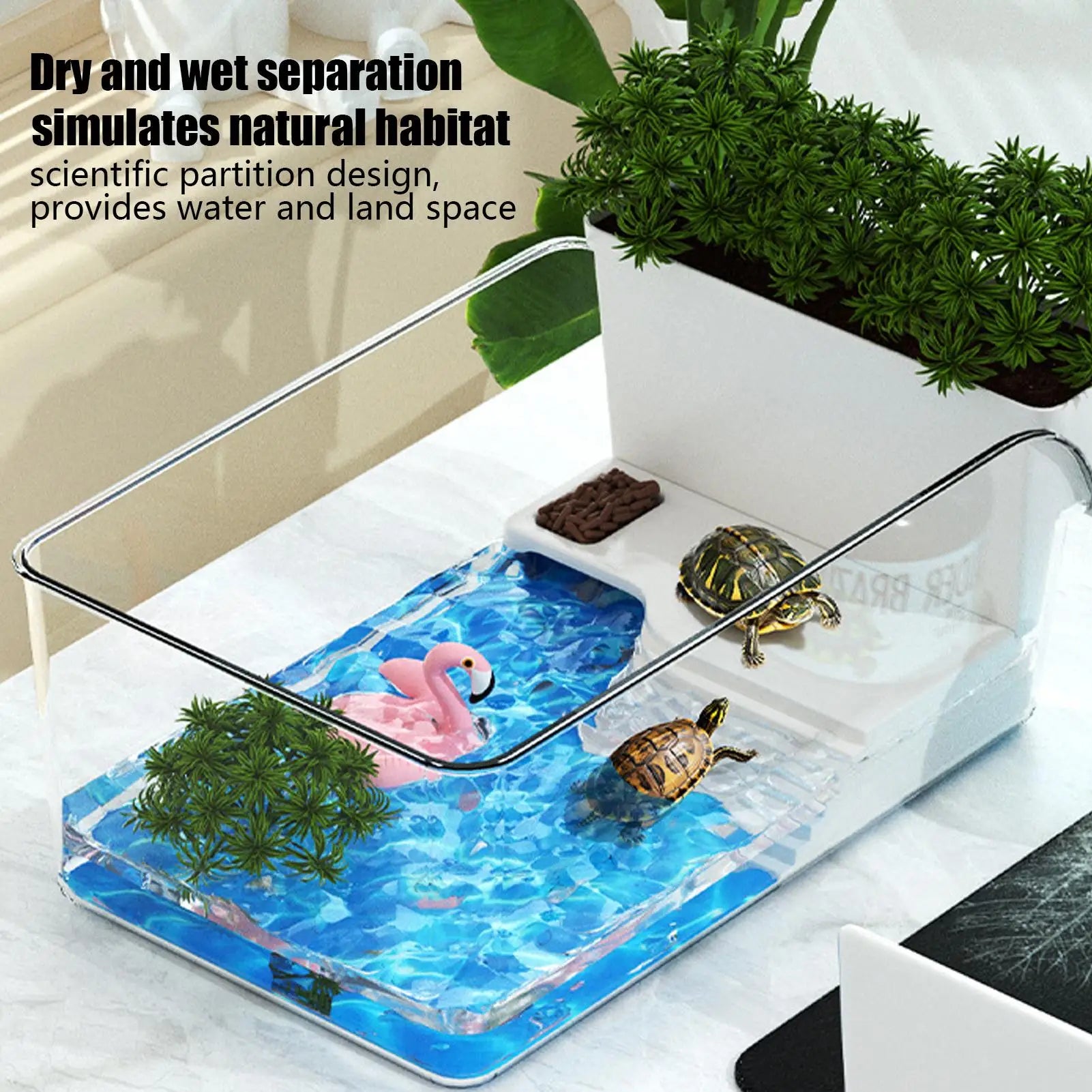 Turtle Tank with Basking Area, Transparent Reptile Terrarium Habitat for Pet Turtles, Hermit Crabs, Tortoise Adoption