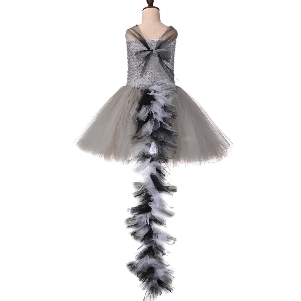 Grey Raccoon Costume Kids Racoon Tutu Dress with Tail Toddler Girls Halloween Birthday Carnival Party Animal Dress Up Clothes