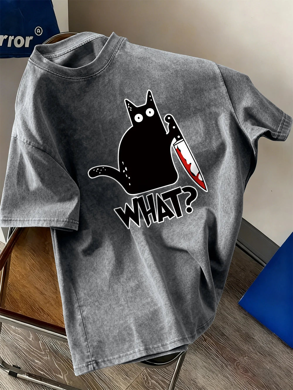 Black Cat Holding A Knife Prints Washed T-Shirt