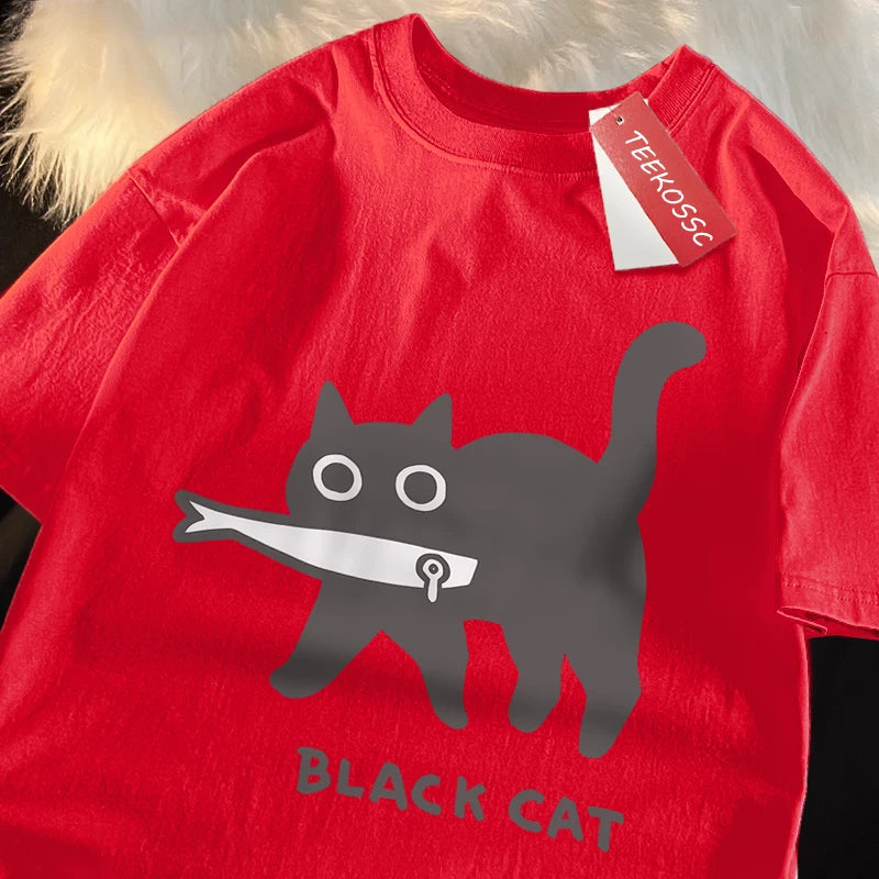 Fun A Black Cat Eating Fish Japanese Style T-Shirt