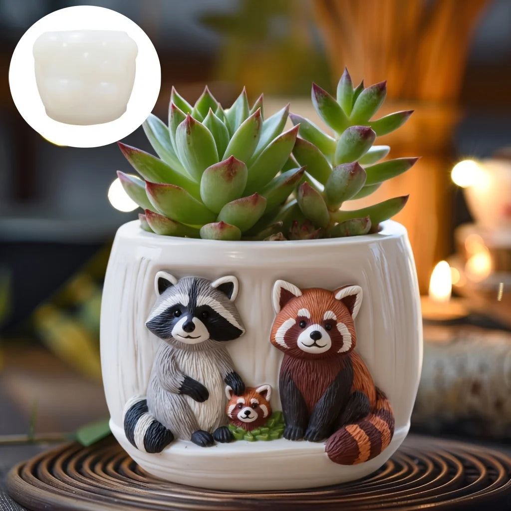 Raccoon Family Succulents Flower Pot Silicone Mold Red Panda Family Relief Resin Plaster Flower Pot Mold
