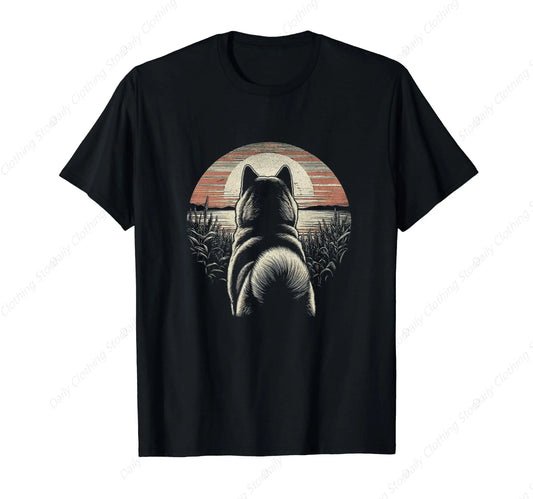 Vintage Akita Dog Retro Sunset Scene Art Design T-Shirt