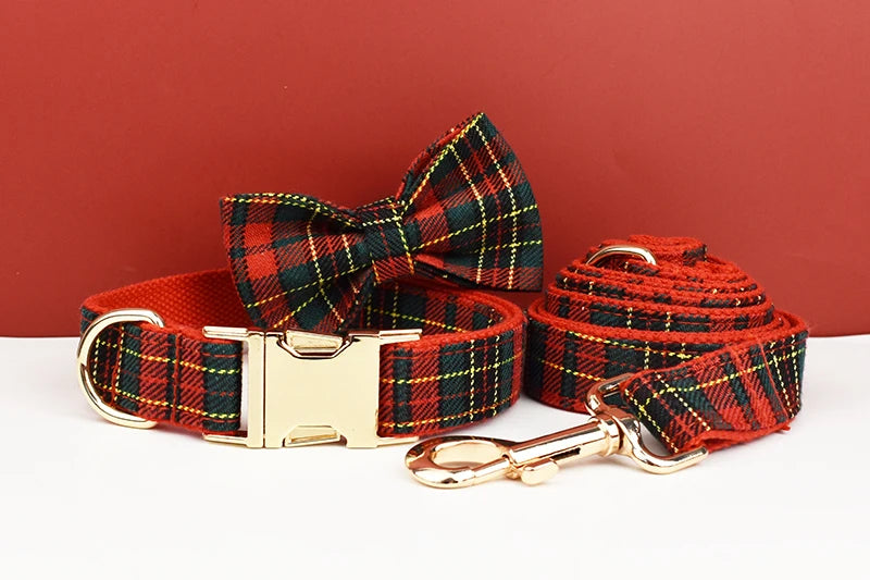 Christmas Dog Collar Customized Designer Logo Red  lattice  on  Soft Cotton Dog Collar Leashes Pet Harness Luxury Dog Leash Set