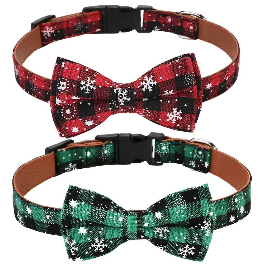 Christmas Dog Collar with Bow Tie, Classic Plaid Red Green Dog Collars with Removable Bowtie Christmas Collars for Large Dogs
