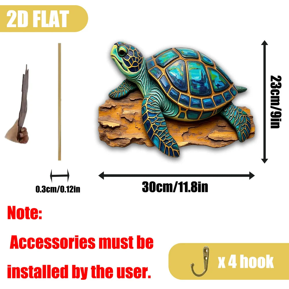 2D Flat, Oceanic Beauty Sea Turtle Wall Art Sculpture - Rustic Wooden Key Hanger with 4 Hooks, 9.06x11.81inch, Multifunctional