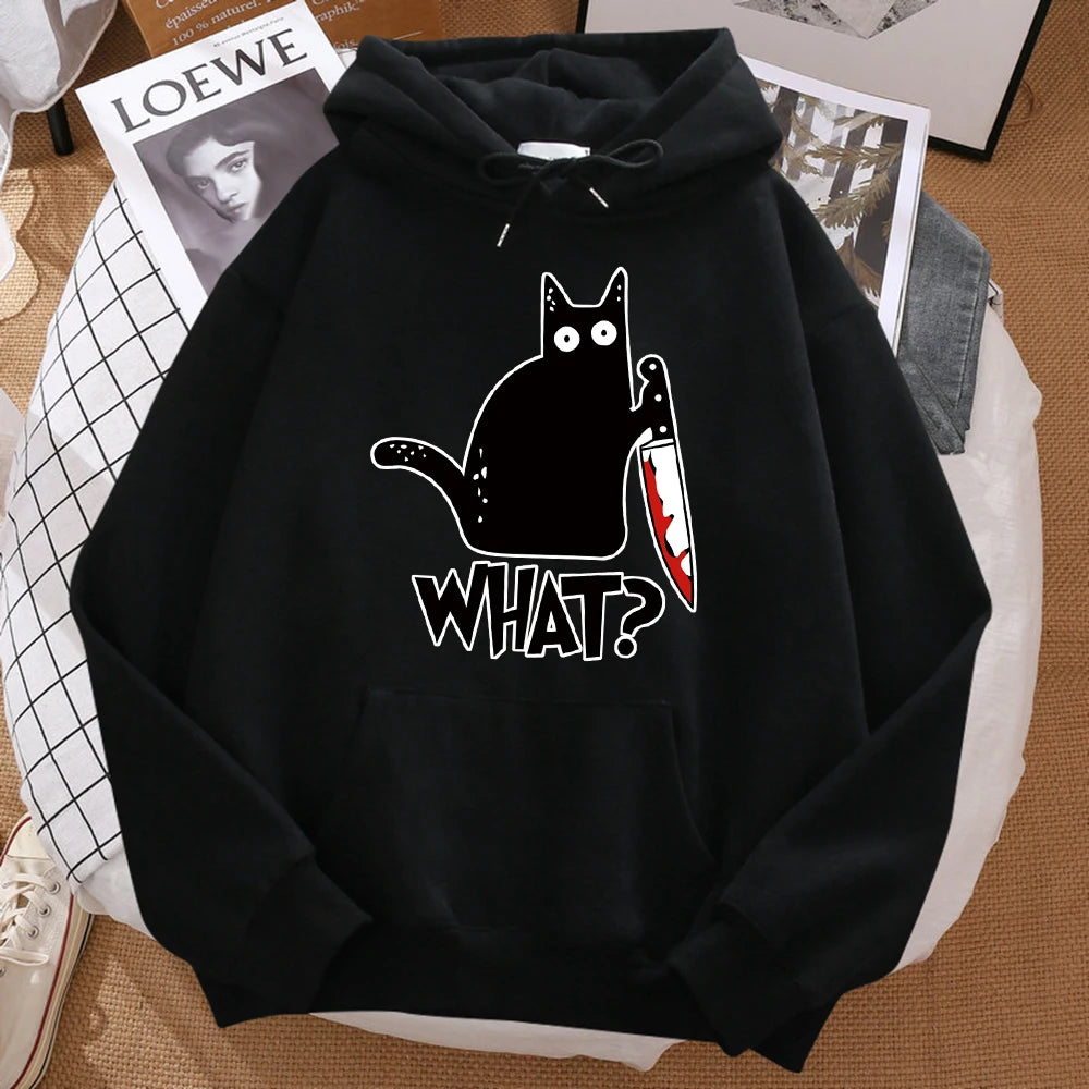What cute little black cat holding a knife, men's hoodies, street hoodies, autumn sports shirts, hip-hop costumes